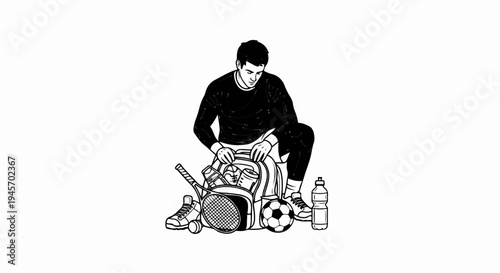 Man packing sports gear, including balls, racquets, shoes, and a water bottle