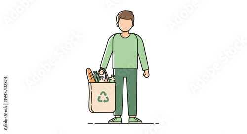 Person carrying reusable shopping bag filled with groceries against a plain backdrop promoting sustainable choices and ecological awareness