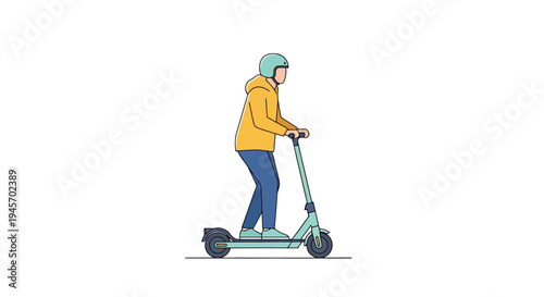 Person rides electric scooter wearing helmet and jacket on white background for active transportation commuting and urban lifestyle