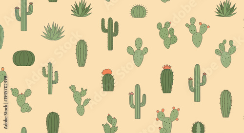 Cute Cactus and Succulent Seamless Pattern on Soft Yellow Background