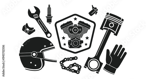 Motorcycle Gear and Parts Black and White Vector Icons