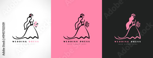 Bride in a wedding dress with a bouquet and veil logo vector.