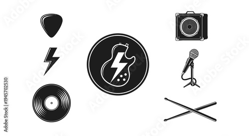 Rock Music Icons: Guitar, Amp, Mic, Vinyl, Pick, Drumsticks, Lightning Bolt