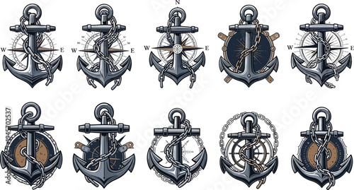Nautical Anchor Emblem Collection with Compass, Rope, Chain, and Maritime Navigation Symbols for Vintage Marine Logo and Tattoo Style Design
