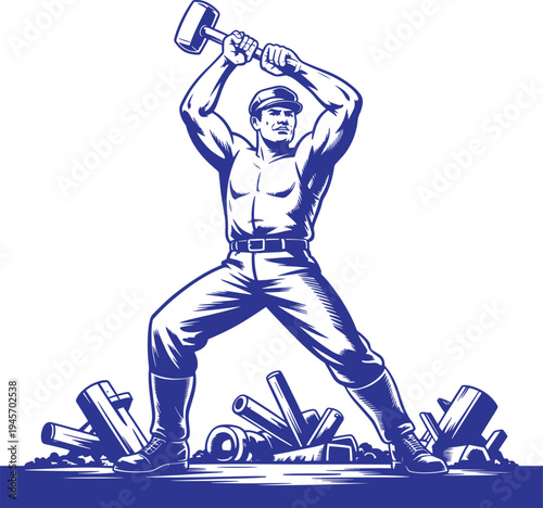 Strong muscular worker smashing debris with sledgehammer