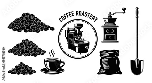 Coffee Roastery Set: Beans, Roaster, Grinder, Cup, Bag, Shovel