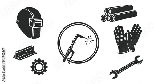 Welding Equipment Set, Black  White Glyph Icons on White Background