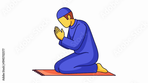 Person in blue robe and cap kneeling on rug, hands together in prayer