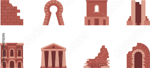 Minimalist, ancient, architecture, ruins, icon, set, terracotta, roman, arch, brick, wall, temple, classical, building, landmark, history, vector, illustration, flat, design