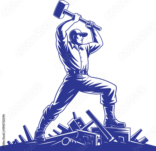 Worker with sledgehammer icon in front of scrap metal