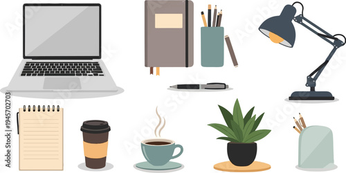 A still life of a laptop, notebook, coffee, plant, and desk lamp