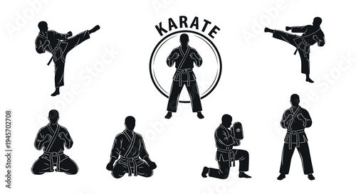 Karate Sports Silhouette Collection: Martial Arts Action Poses, Black and White Vector Art