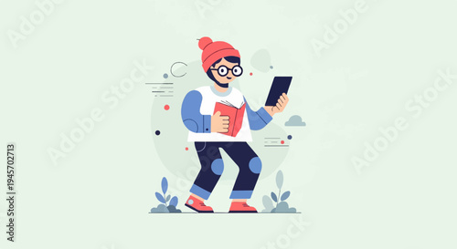 Person in red hat and glasses reads a book while holding a tablet