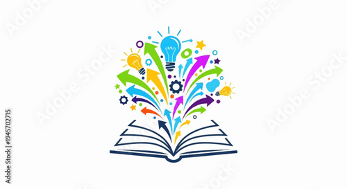 Open book with colorful arrows and lightbulbs exploding upward