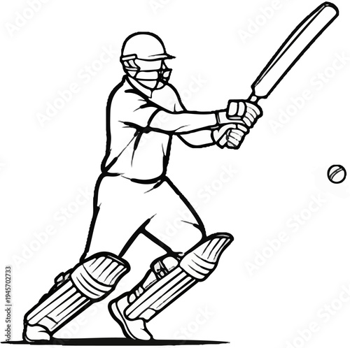 A sketch shows a cricketer in a helmet and pads swinging a bat at a ball