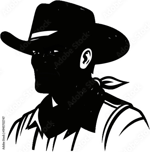 Stylized black and white depiction of a cowboy head