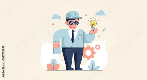 Person in hard hat holding a glowing lightbulb, surrounded by abstract shapes and gears