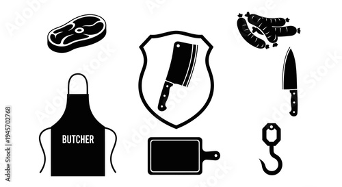 Butcher Icons Set: Meat, Apron, Knives, Sausages, Hook, Board