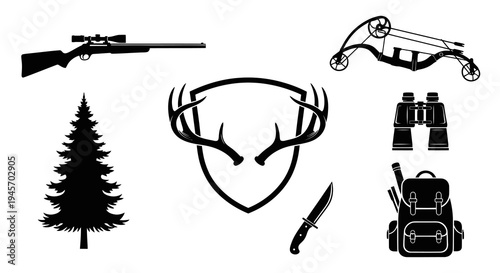 Hunting and Outdoors Icon Set - Black and White Vector Graphics