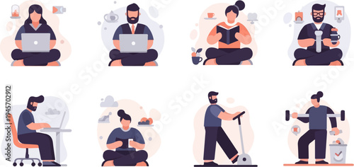 People engaged in various leisure, work, and fitness activities on a white background