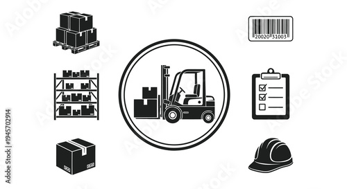 Black and White Icons of Logistics and Warehouse Operations