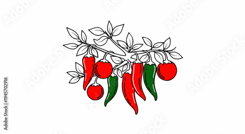 Red and green chili peppers adorning a vine with leaves
