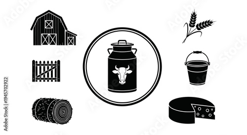 Black and White Farm Icons: Barn, Milk Can, Cheese, Wheat, Bucket, Hay, Fence