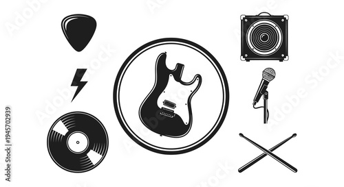 Rock Music Icons: Guitar, Vinyl, Microphone, Drums, Amp, Pick, Lightning Bolt