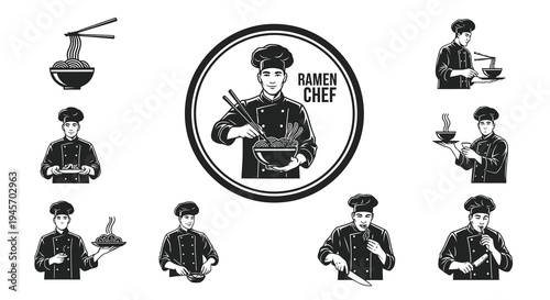 Ramen Chef Black and White Line Art Icons - Japanese Food