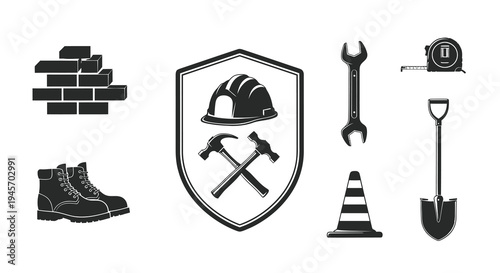 Construction Tools Icons: Hard Hat, Hammers, Wrench, Shovel, Cone, Boots, Bricks, Tape Measure