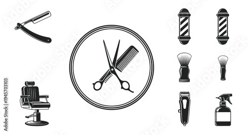 Black and White Barber Shop Icons and Symbols Set