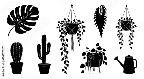 Black Silhouette Houseplants Collection with Monstera Cactus and Hanging Pots