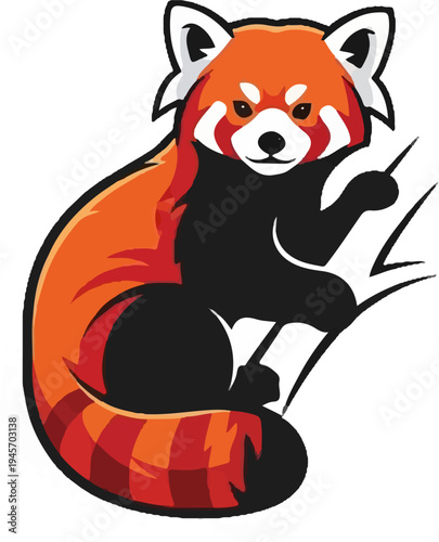 Stylized red panda with bushy tail, perched on a branch