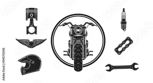 Black and White Motorcycle Icons: Piston, Helmet, Wings, Spark Plug, Wrench
