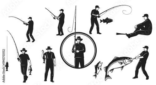 Black  White Fishing Illustrations: Fishermen with Rods and Fish, Vector Art