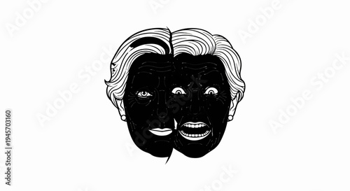 Split face illustration with contrasting expressions and stark black and white tones