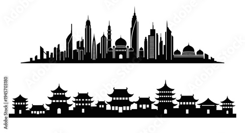 Black  White Skyline Silhouettes: Modern Cityscape and Traditional Asian Architecture