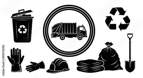 Garbage Truck, Bin, Gloves, Helmet, Bag, Shovel, Recycling Icons