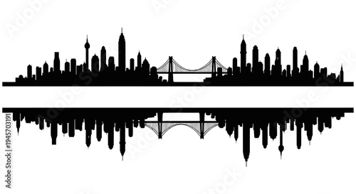 Black and White Cityscape Skyline Silhouette with Bridge Reflection