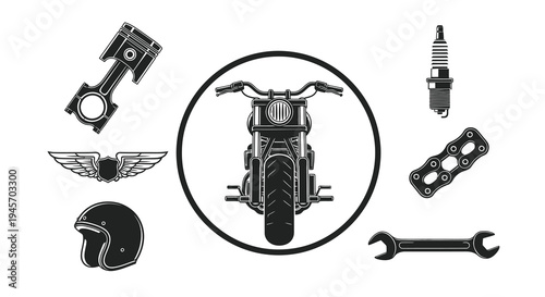 Vintage Motorcycle and Parts Black and White Vector Icons