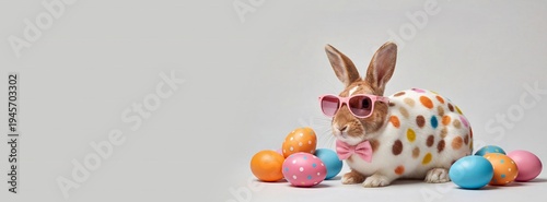Rabbit wearing pink sunglasses and bowtie next to colorful easter eggs. Cute animal with spots for spring holiday celebration. Funny studio portrait for seasonal greeting card design.