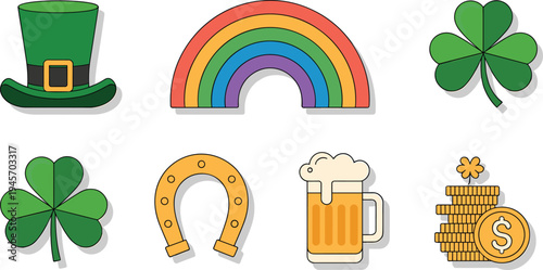 St Patrick’s Day icon set with leprechaun hat, rainbow, shamrock clovers, horseshoe, beer mug, gold coins Irish holiday vector