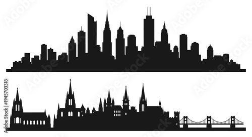 Cityscape Silhouettes: Modern and Historic Buildings, Bridge