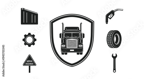 Truck Shield with Auto Parts Icons - Black and White Vector Art