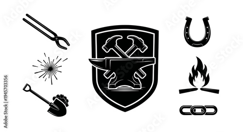 Blacksmithing Black  White Glyph Icons Set - Anvil, Hammer, Tongs, Horseshoe