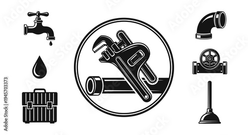 Plumbing Icons: Wrench, Faucet, Pipes, Valve, Plunger, Toolbox, Black White