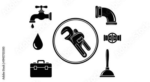 Plumbing Icons: Faucet, Wrench, Pipe, Valve, Plunger, Toolbox, Water Drop