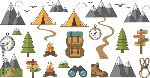 Camping Adventure Elements Collection with Tent, Mountains, Campfire, Backpack, Compass, and Hiking Gear Outdoor Travel Vector Set