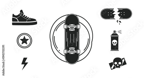Black and White Icons: Skateboard, Shoe, Spray Paint, Skull, Bolt