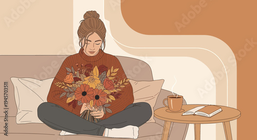 Cozy Autumn Vibes: Woman with Flowers and Coffee on Sofa